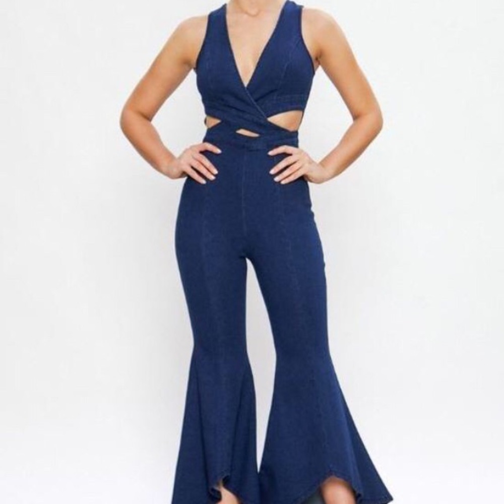 Denim Crossover Flared Jumpsuit